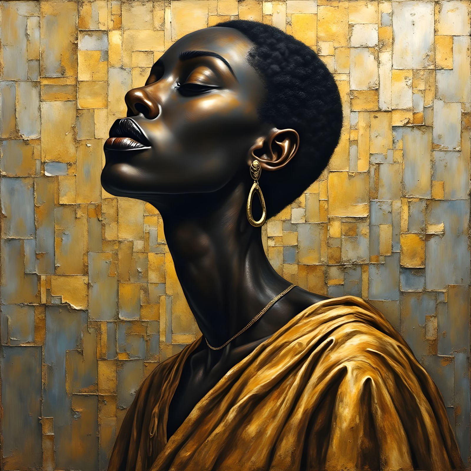 Expressionist Golden Black Woman Portrait in Encaustic Paint...