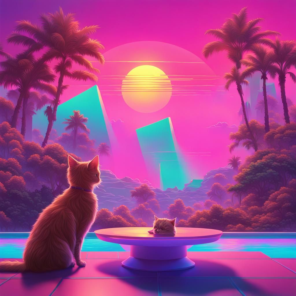 Vaporwave Album Art: Cats, Dogs, and Pixelated Sunsets