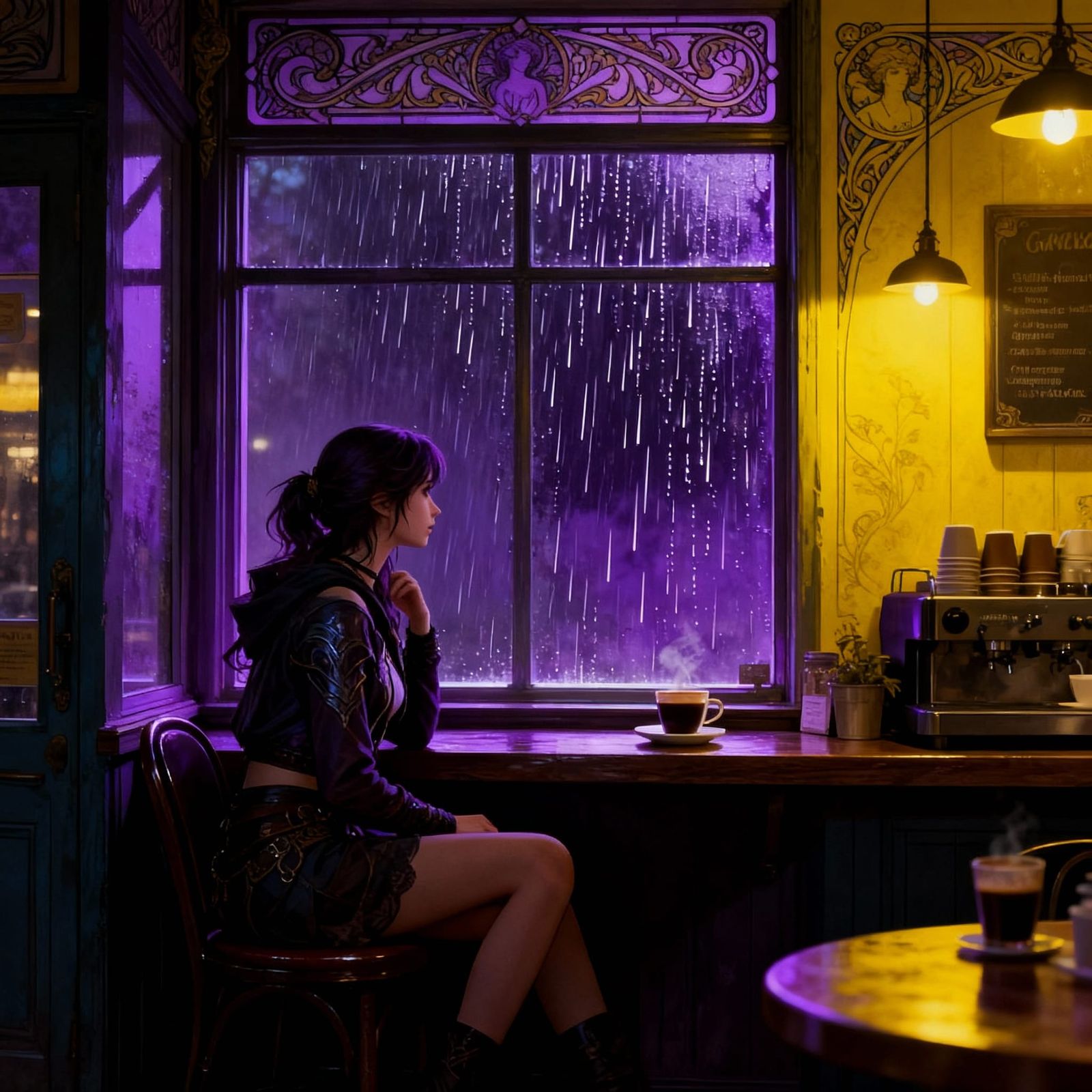 Woman Gazes Out Coffee Shop Window at Rainy Day