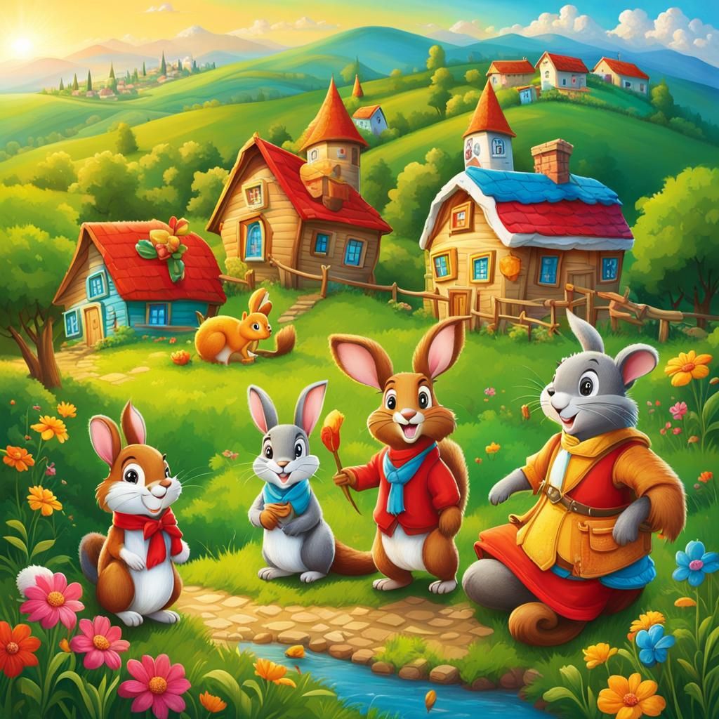 Cheerful Animals Learning Greetings in Colorful Village