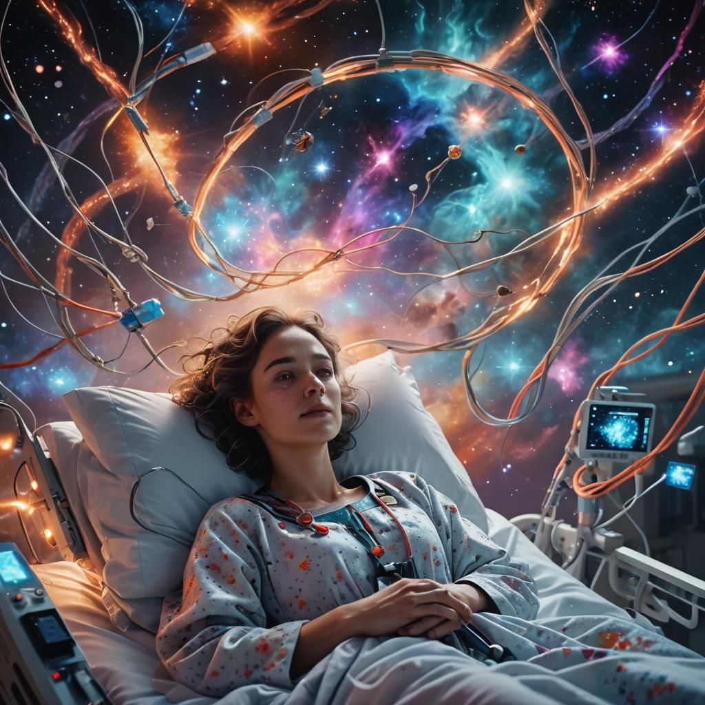 Woman in Hospital Bed Floating in Space