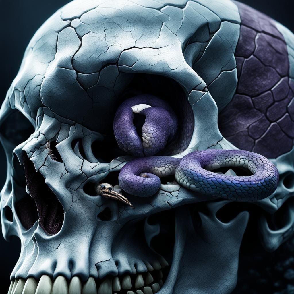Cracked Skull with Snake in Hyperrealistic Style