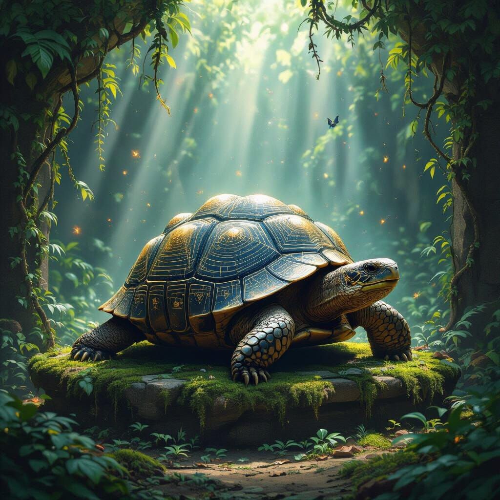 Ancient Tortoise with Celestial Shell on Jungle Altar