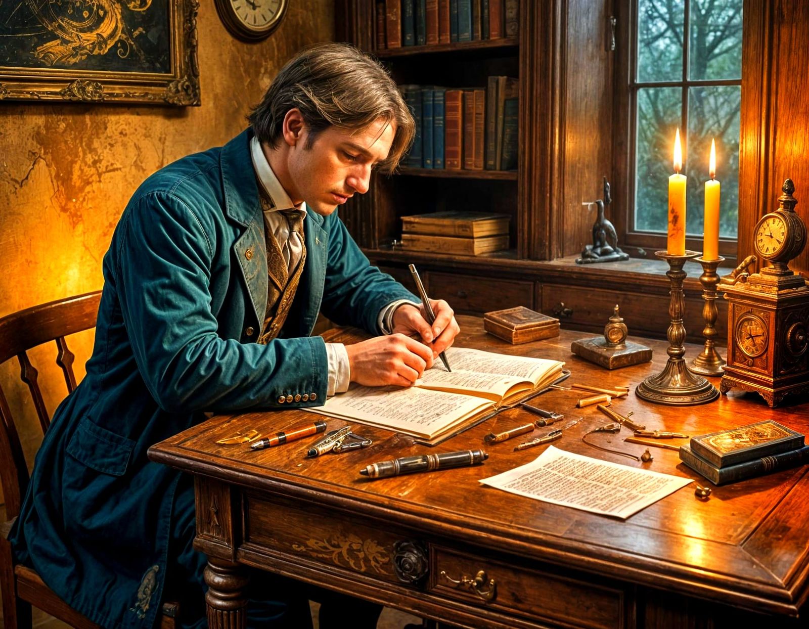 Surreal Man with Clock Face Writes of Time and Memory