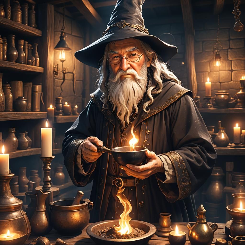 Wizard Brewing Potion in Dimly Lit Attic