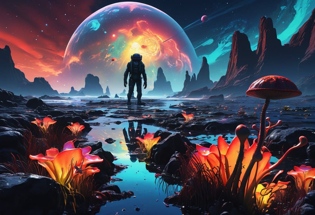 Graffiti Alien Shines Under Celestial Canvas