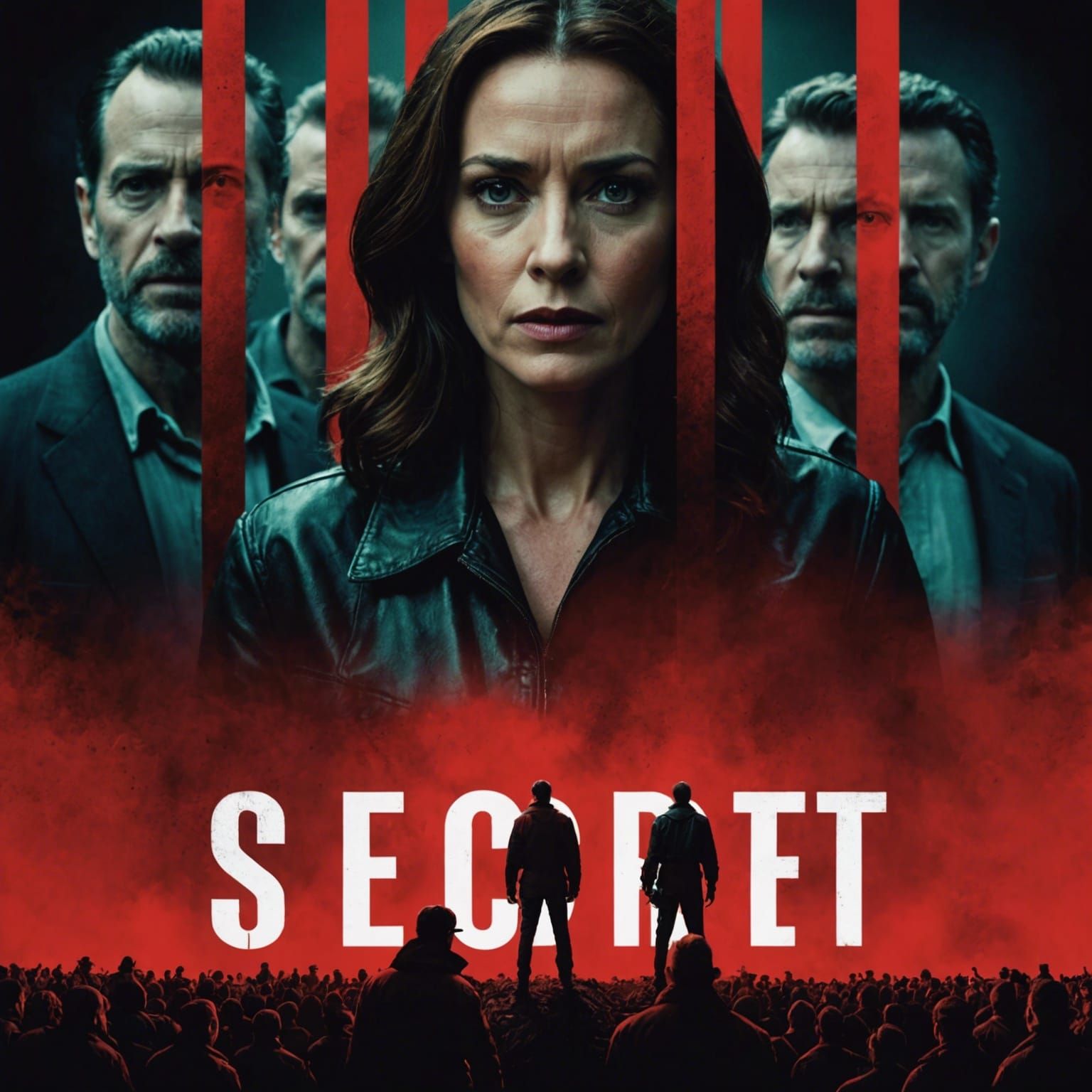 Dramatic Movie Poster of Woman with Men's Faces