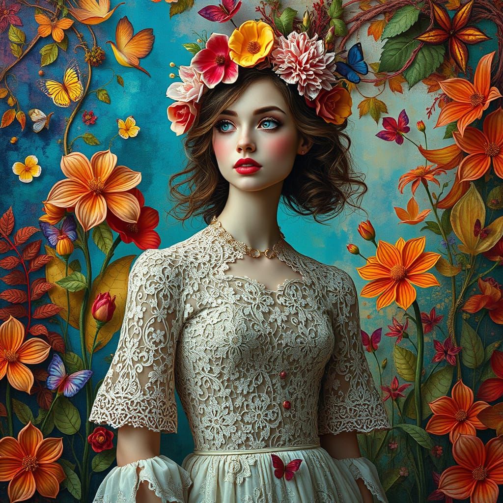 Whimsical Wonderland Goddess in Vibrant, Encaustic Art