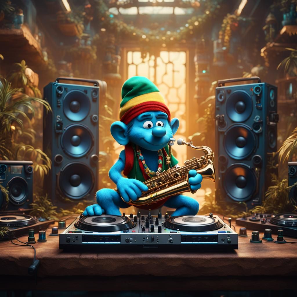 Rasta Smurf Saxophonist at DJ Decks: Fantasy Art