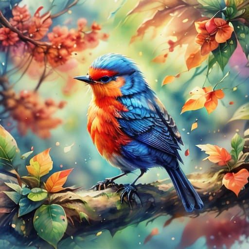 Vibrant Watercolor Robin Redbreast Eating a Worm