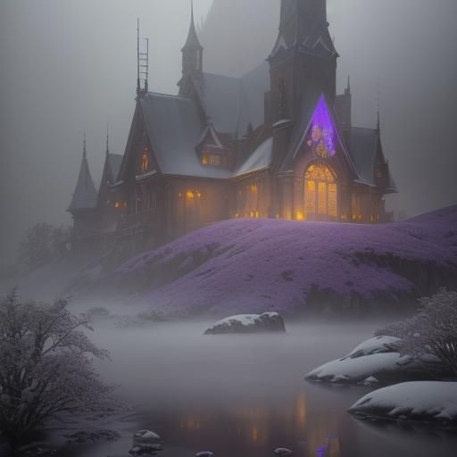 Foggy Winter Landscape with Warm Home