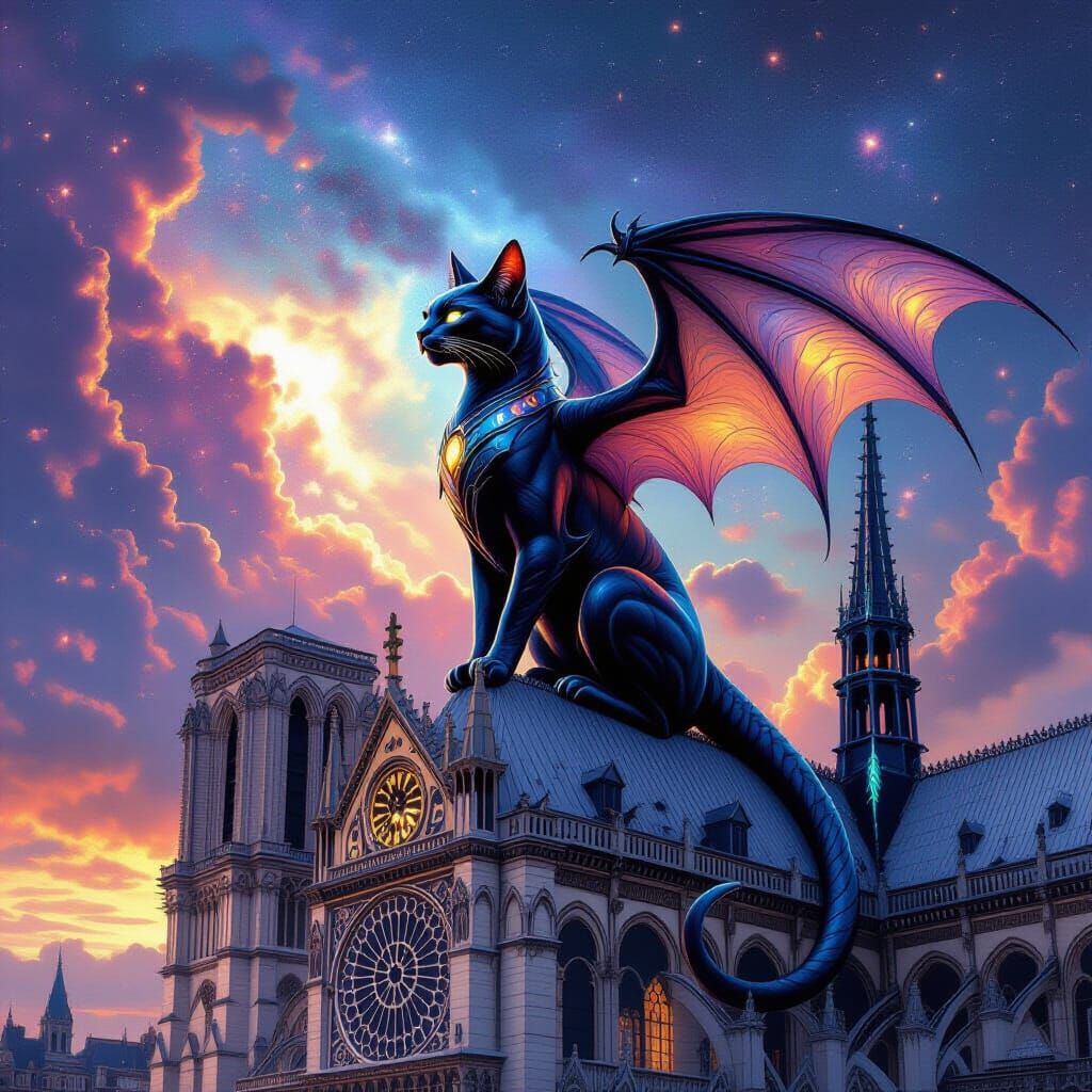 Majestic Dragon-Cat Perched Atop Notre Dame in Hyperrealism