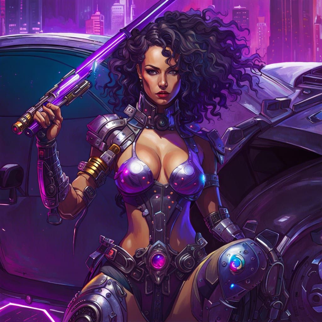 cyborg cyberpunk girl purple lazer sword