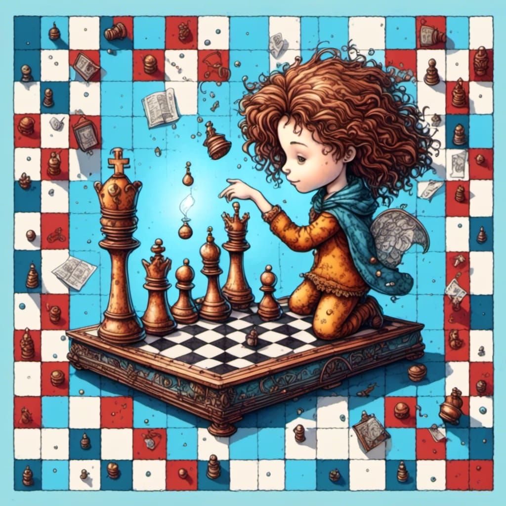 Girl Plays Chess with Fairy on Giant Board