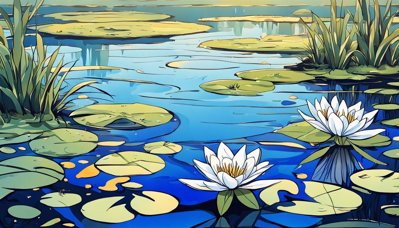 Blue Lilies in Pond, Anime Style Abstract