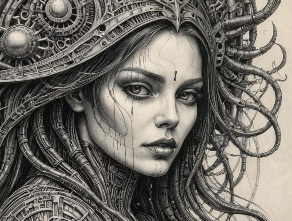 Maximalist Sketch of Youth in Giger Style