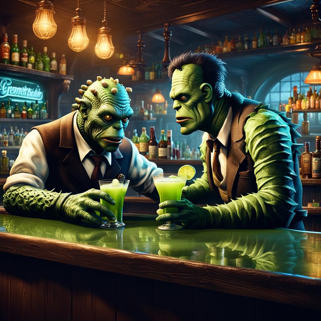 Creature and Frankenstein at a Bar in Detailed Matte Paintin...