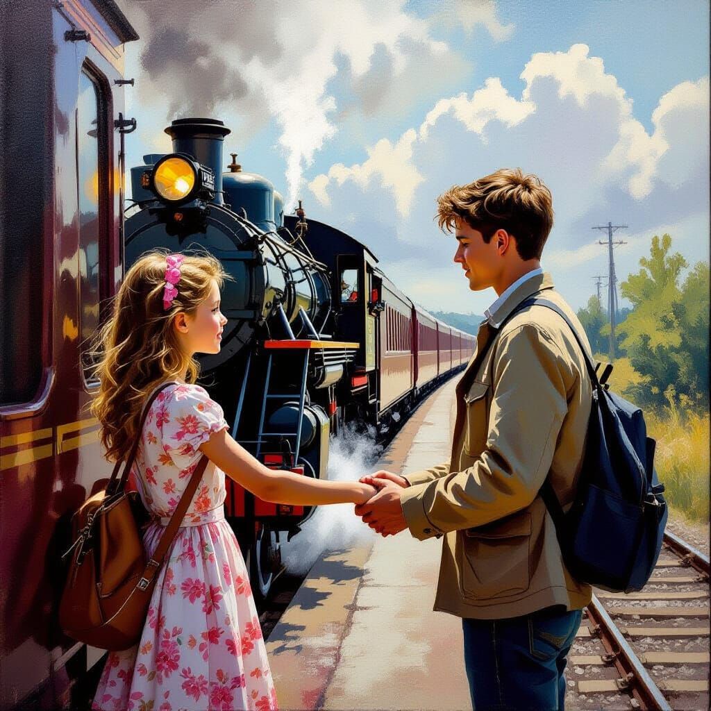 Farewell at the Train Station: A Stunning Oil Painting