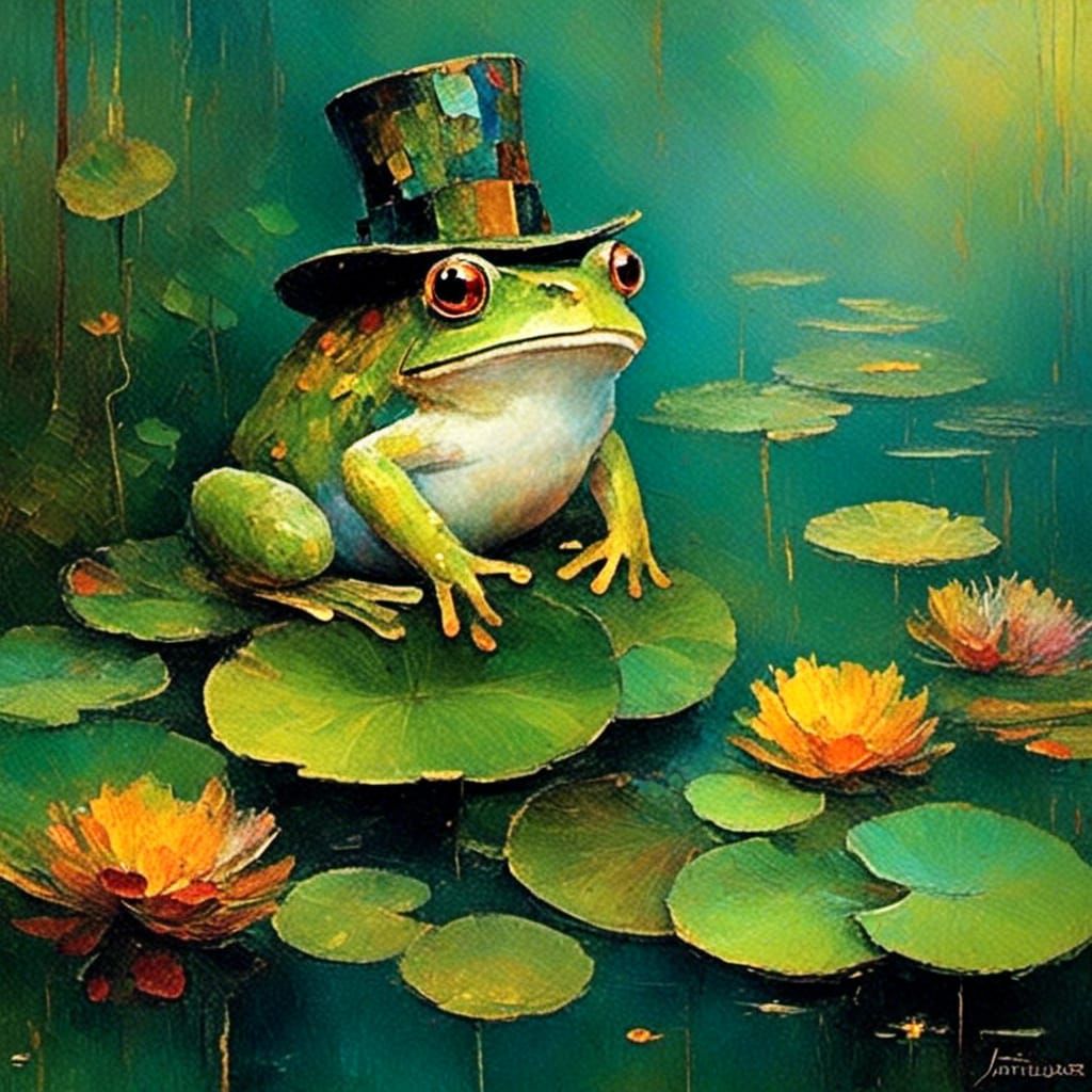 Frog in Top Hat on Brass Lily Pads