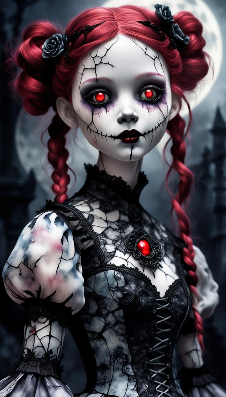Macabre Porcelain Doll in Dark Fairy Tale Style