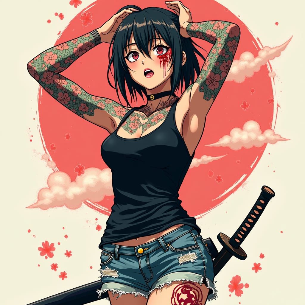 Tattooed Woman in Agony: Anime-Style Key Visual
