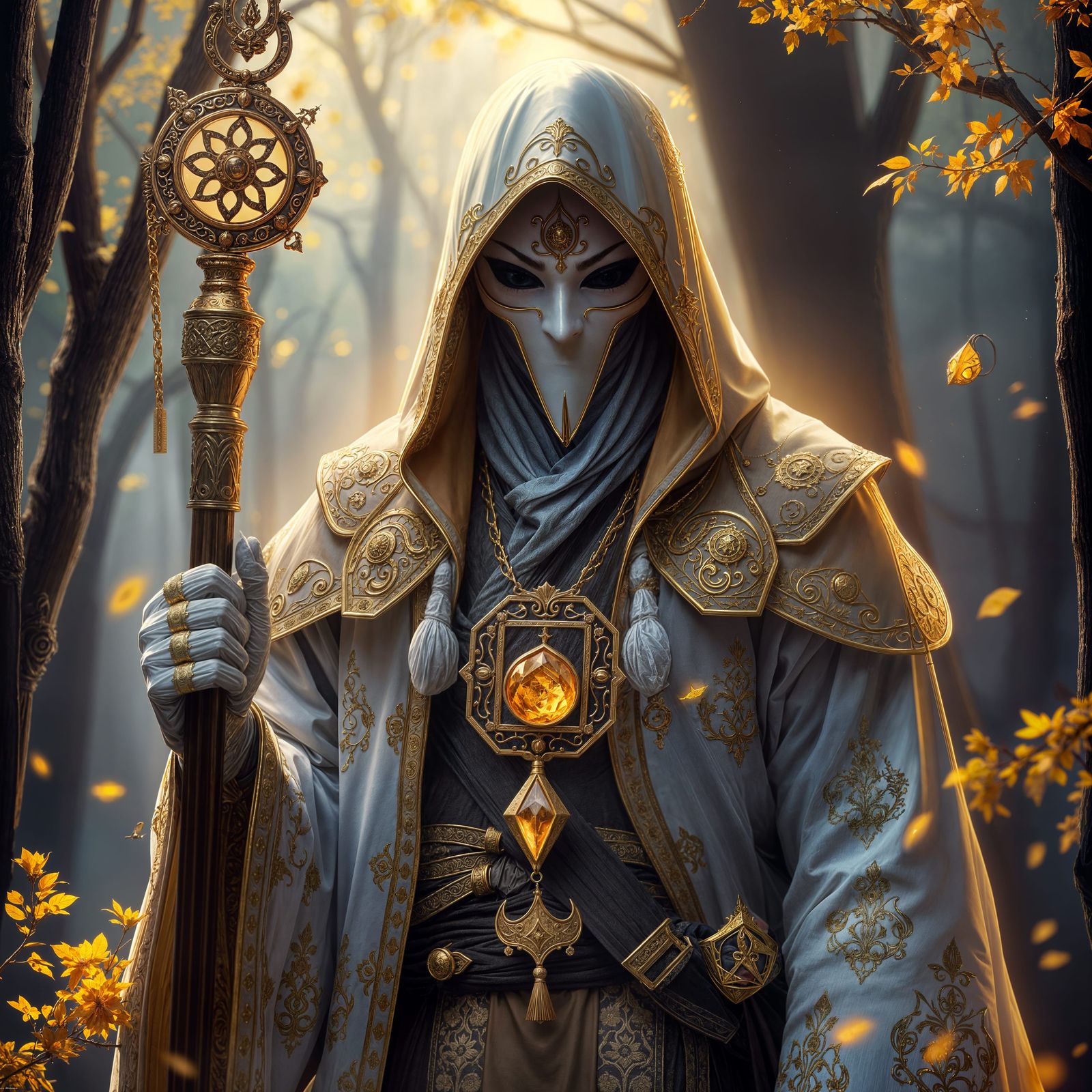 Elegant Dark Fantasy Adventurer in White and Gold, Greg Rutk...