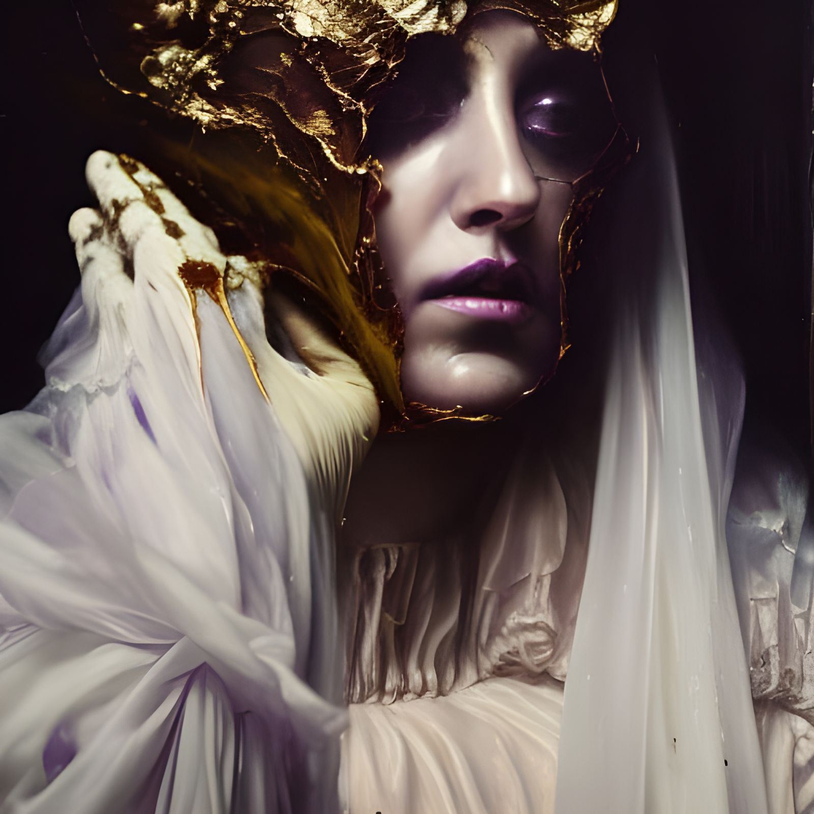 With tear-filled eyes, she wanders in the shadows of despair / v