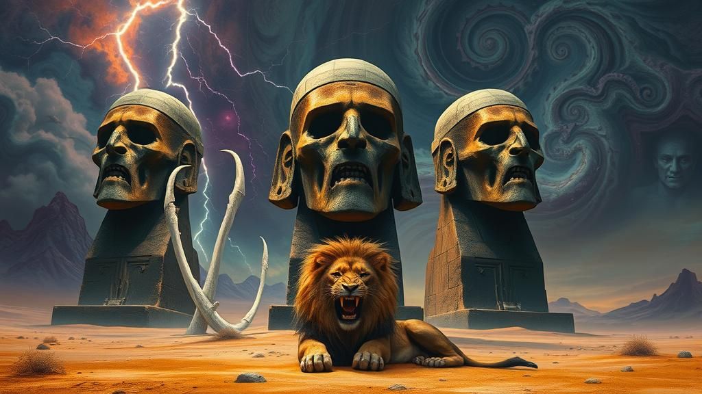 Desert Sentinels: Stone Heads in Surreal Landscape