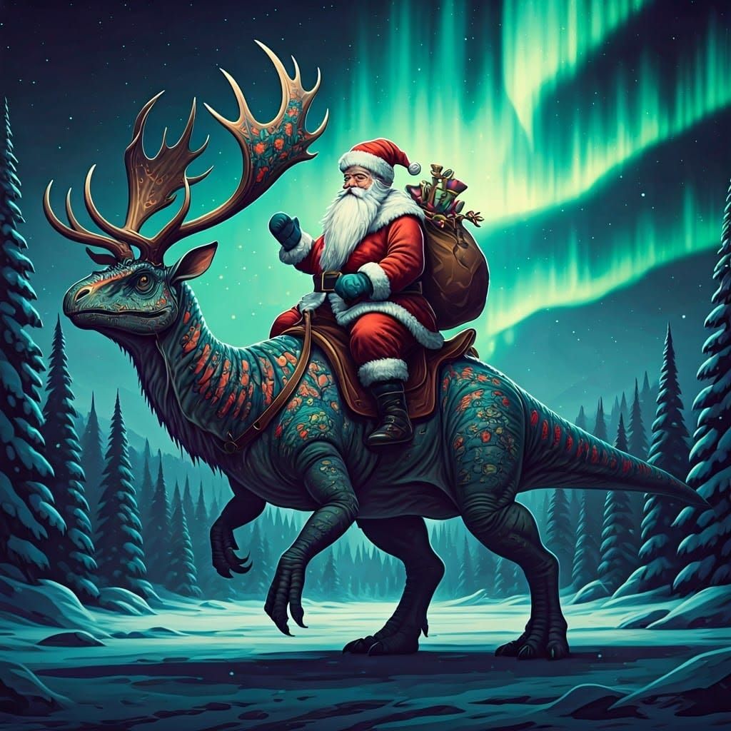 Santa Claus Riding an Apatosaurus in Vaporwave Style