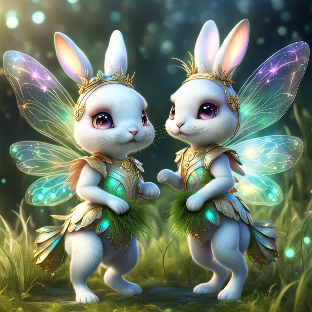 Holographic Bunny Fairies with Wings in Ethereal Meadow