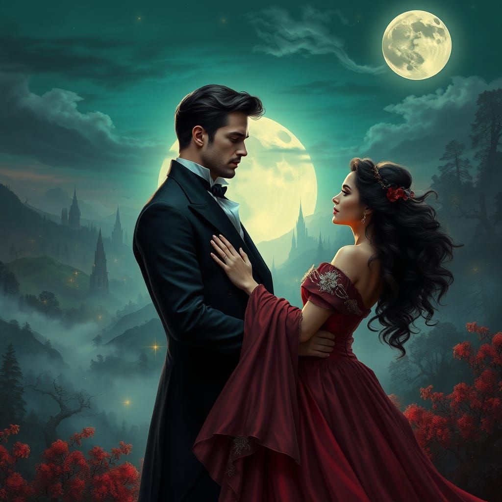 Regency Era Gentleman Embracing Maiden Under Starry Night Sk...