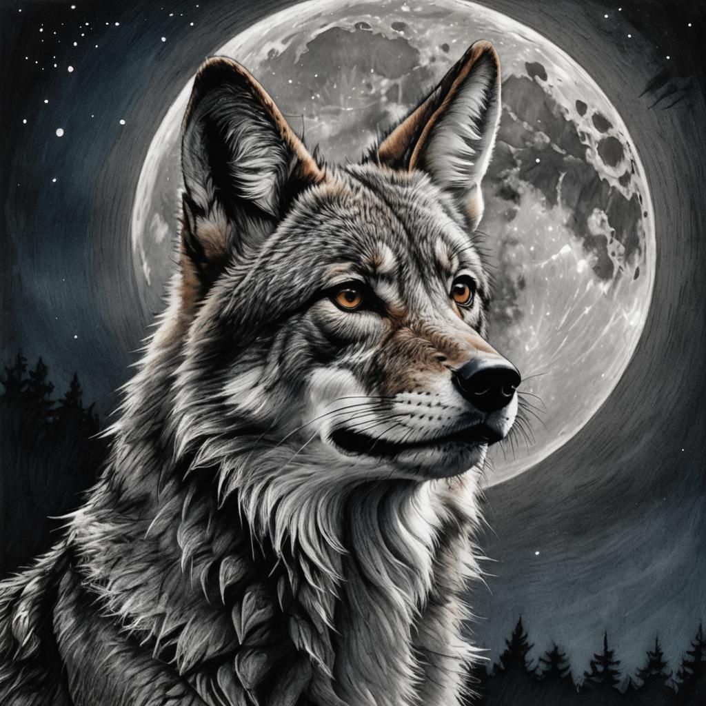 Coyote Moon Charcoal Drawing in Hyperdetailed Style