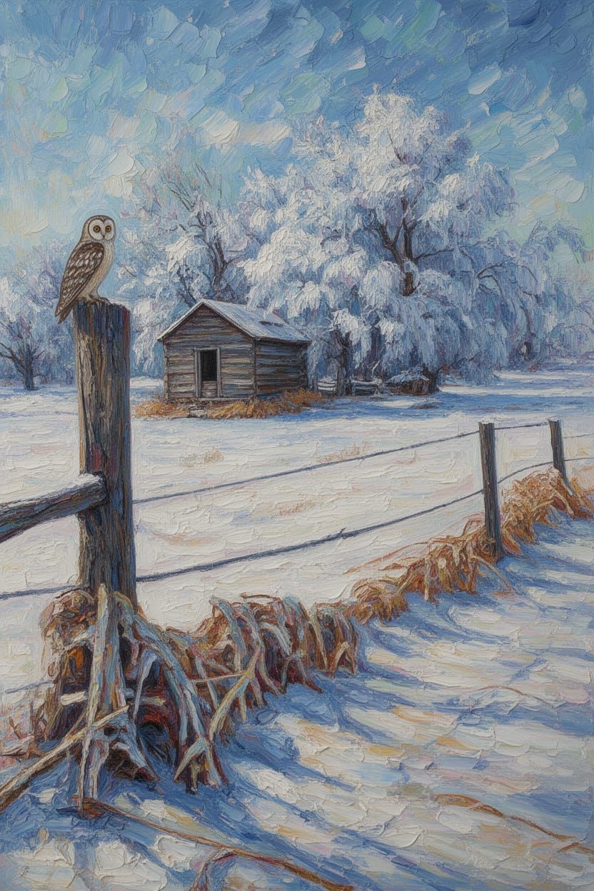 Winter Cabin Scene with Owl in Neo-Impressionist Style