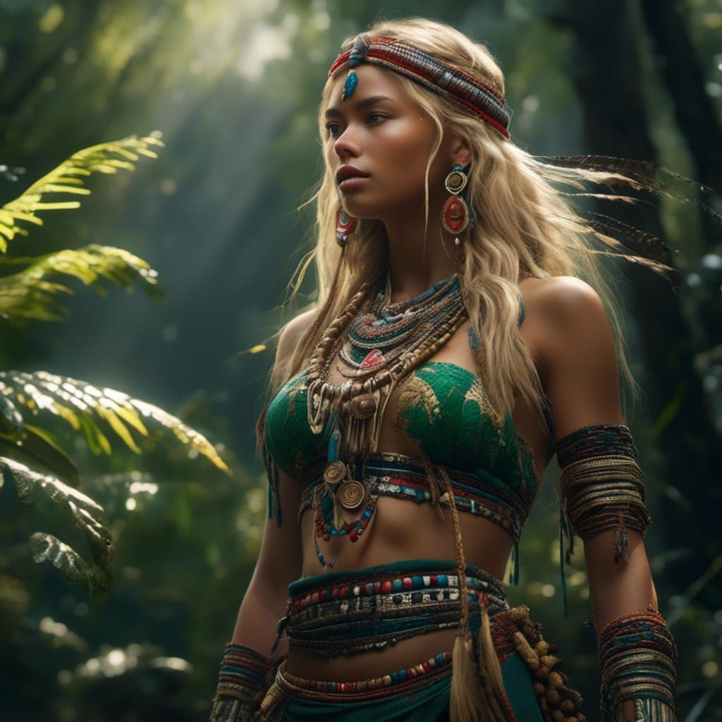 blonde tribal girl at forest