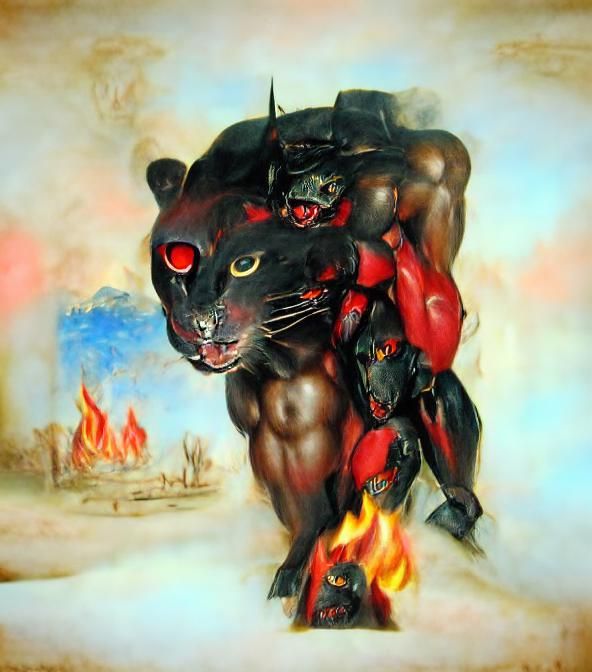 Fiery Mecha Panther in Renaissance Horror Painting