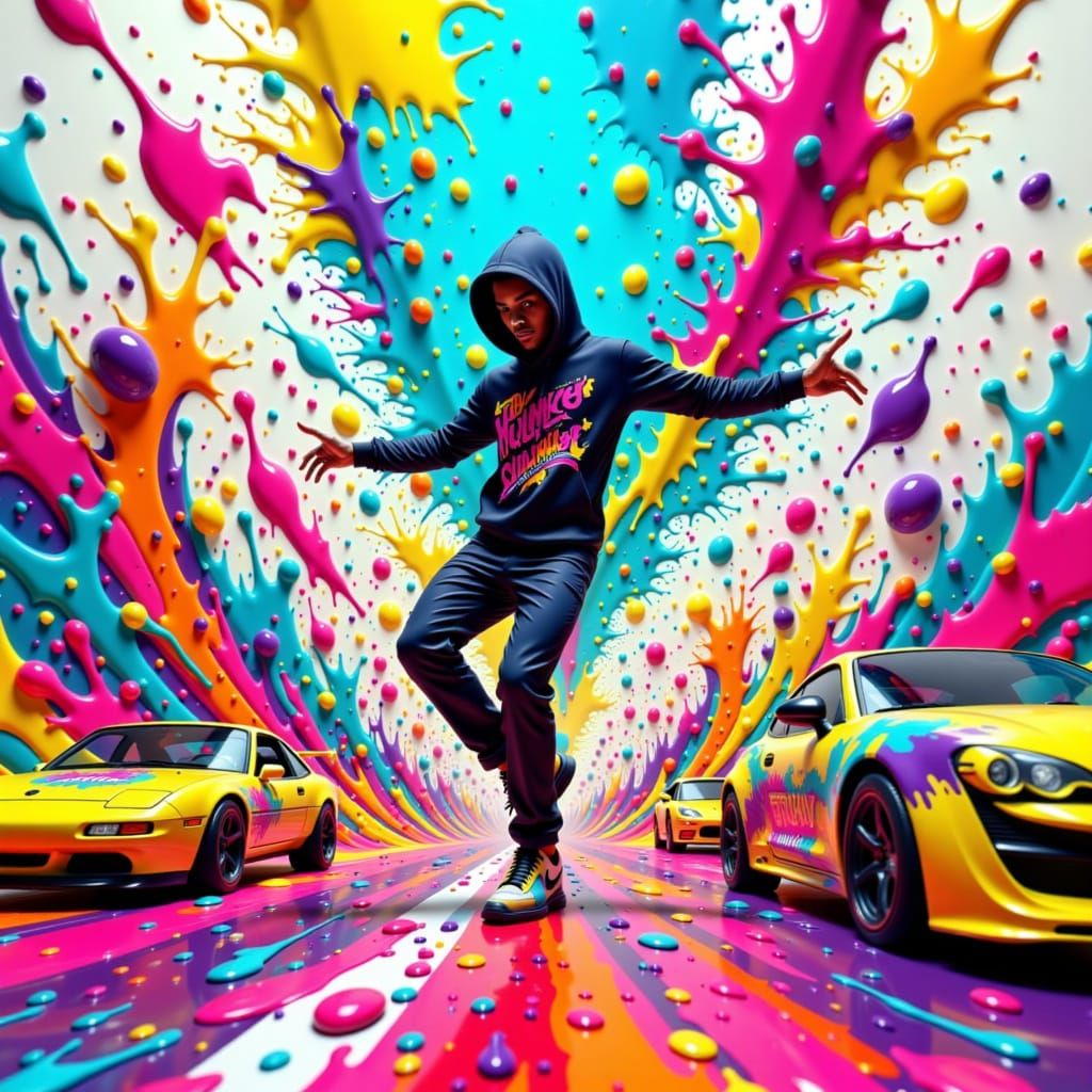 Dancing Figure Surrounded by Neon Splashes