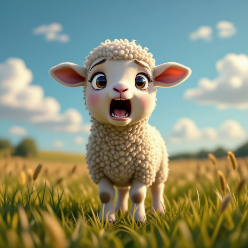 Worried Lamb Screaming in Open Field, 3D Render