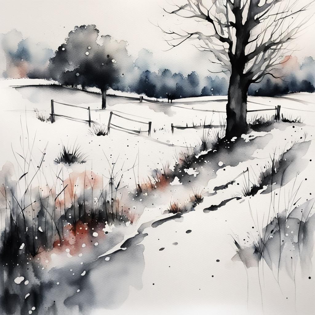 Countryside First Snow in European Watercolour Style