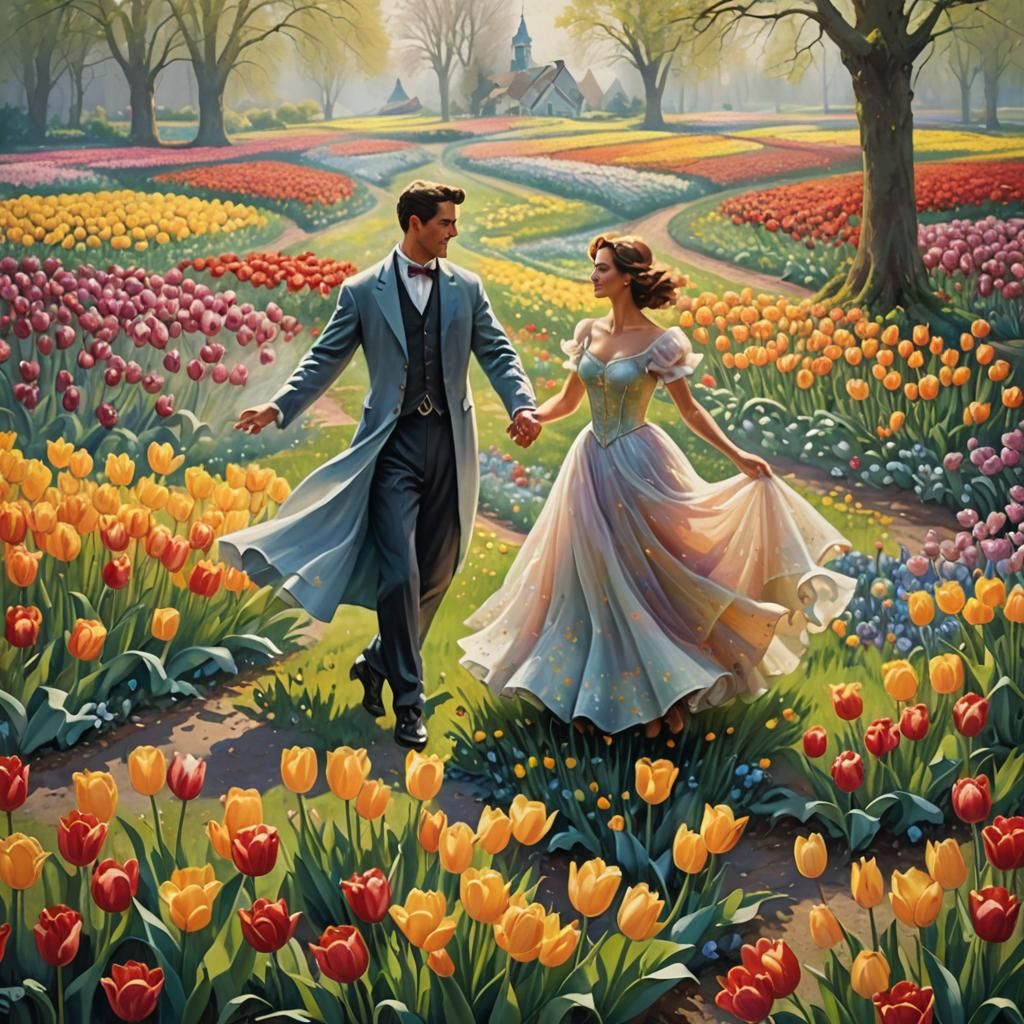 Couple's Waltz in Sunny Tulip Field: Kinkade Style