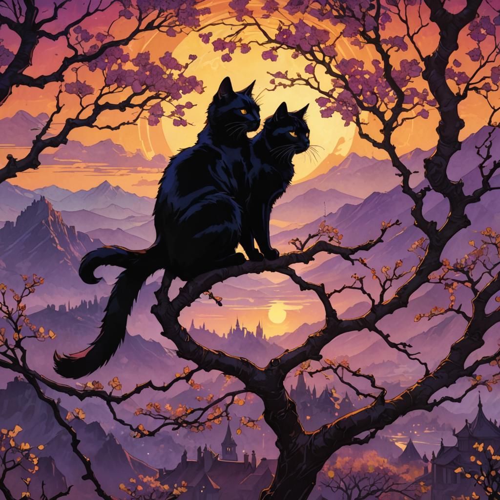 Black Cat Silhouette at Sunset in Art Nouveau Style