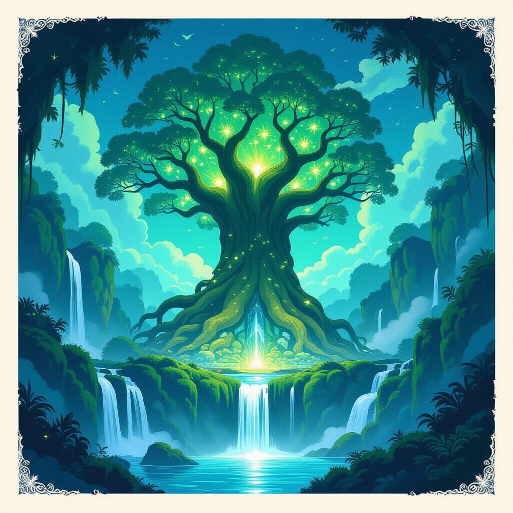 Ancient Bioluminescent Tree in Ethereal Valley