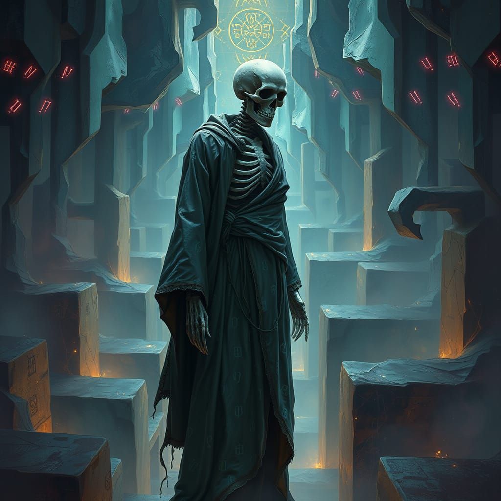 Skeletal Figure in Cosmic Labyrinth