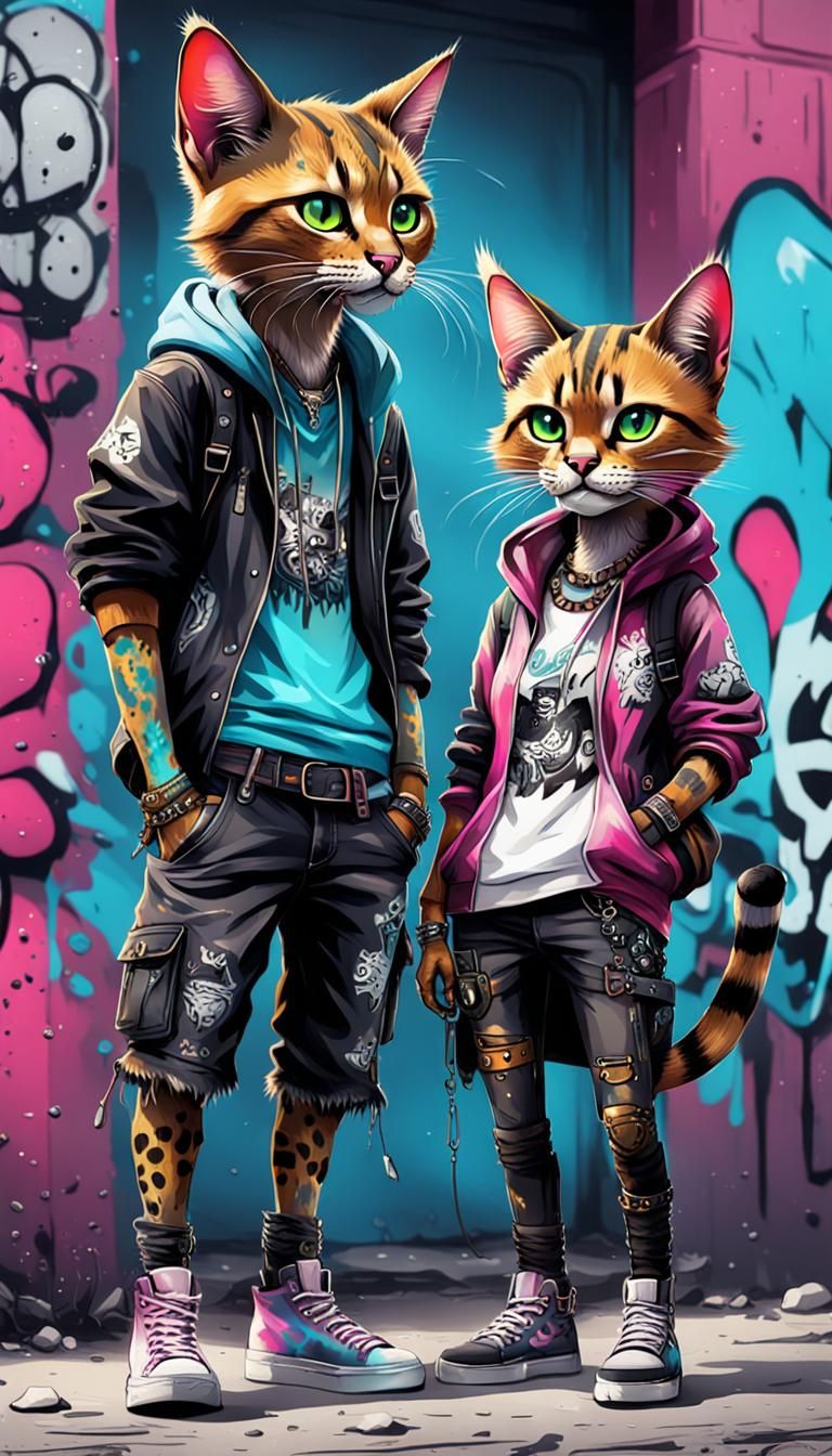 Punk Tabaxi Fashionistas in Graffiti Splash Art