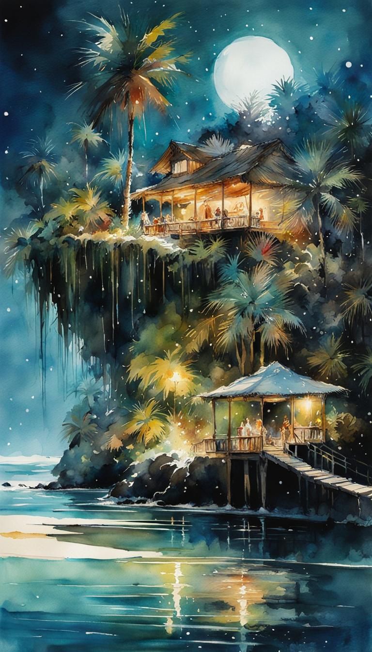 Tropical Island Oasis at Christmas in Watercolor