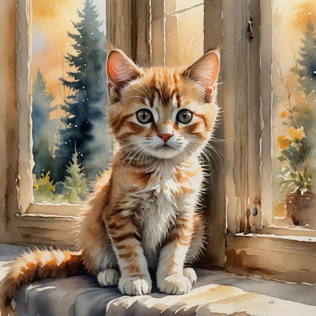Watercolor Kitten Gazing out Window in Golden Light