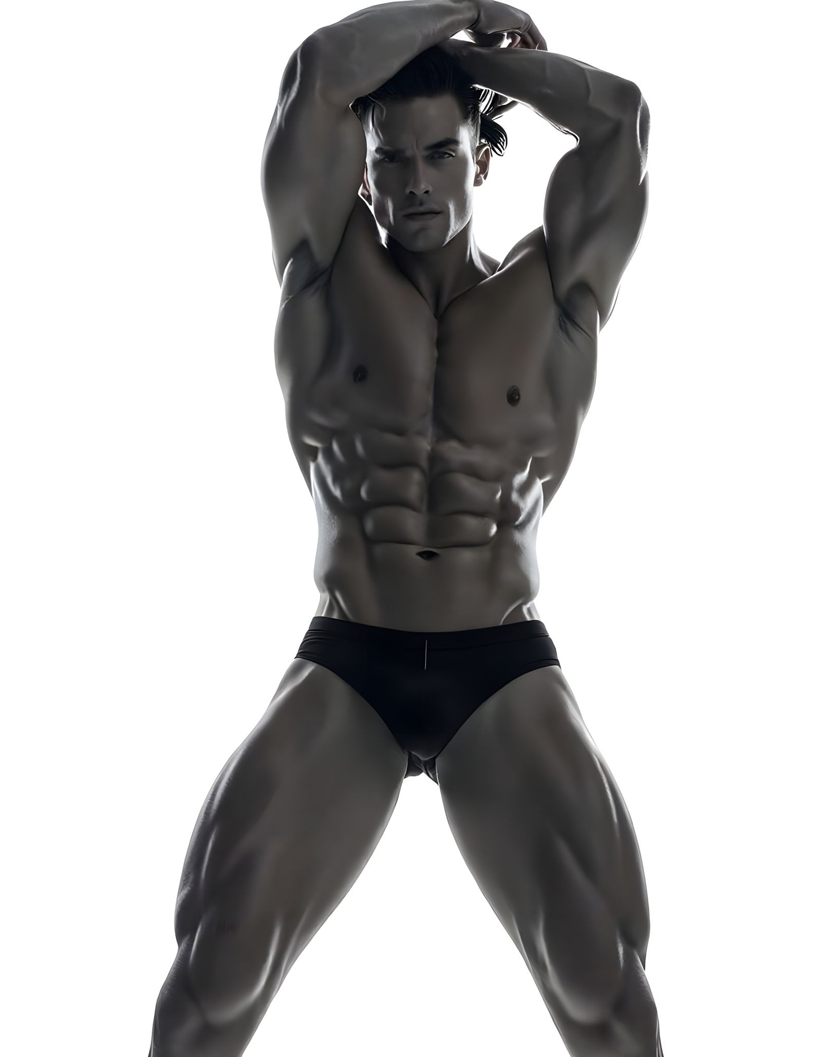Muscular Man in Black Briefs Poses in High-Key Lighting