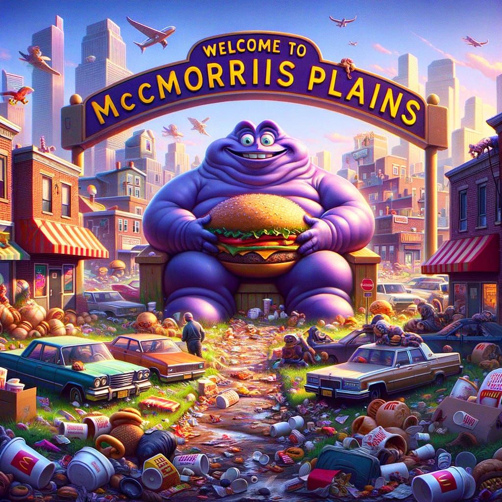 Whimsical New Jersey Townscape with Fast Food Chaos and Fant...