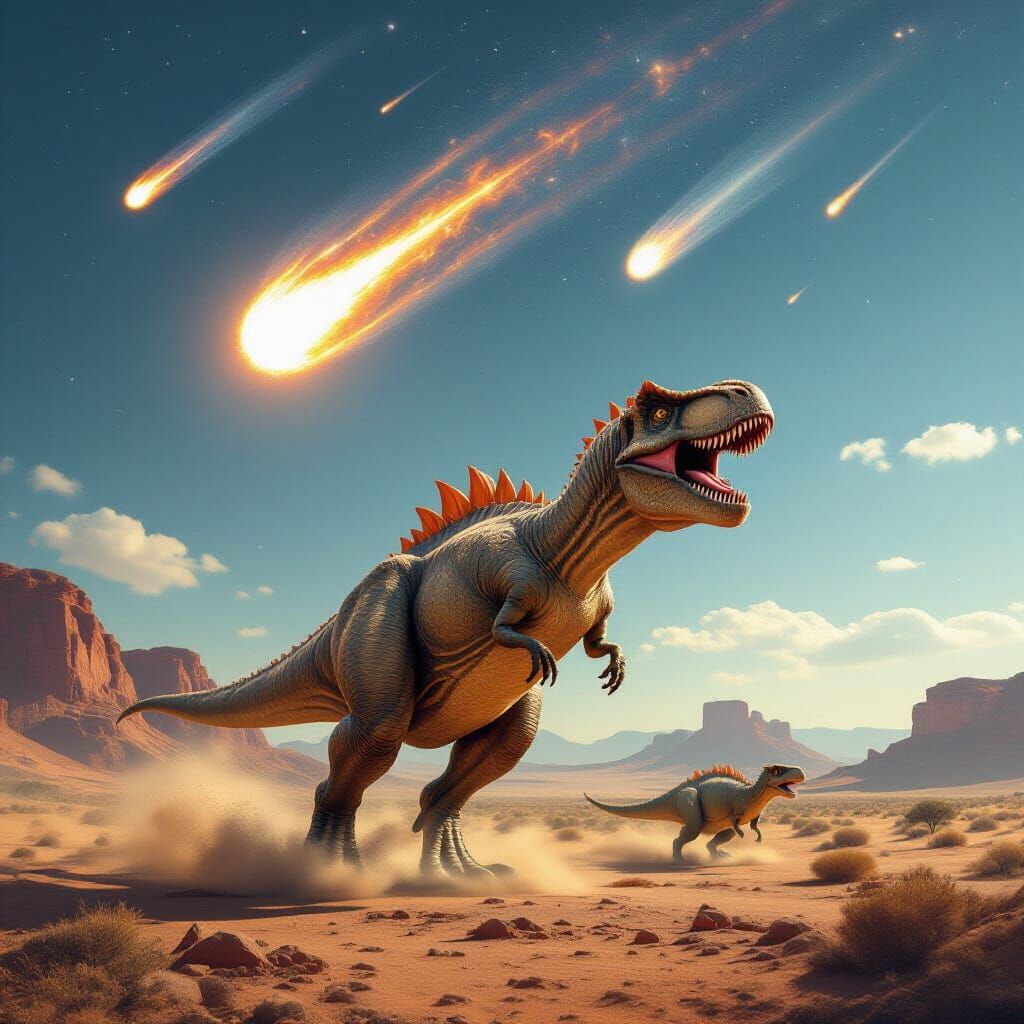 Dinosaur Running from Meteor Shower, Realistic