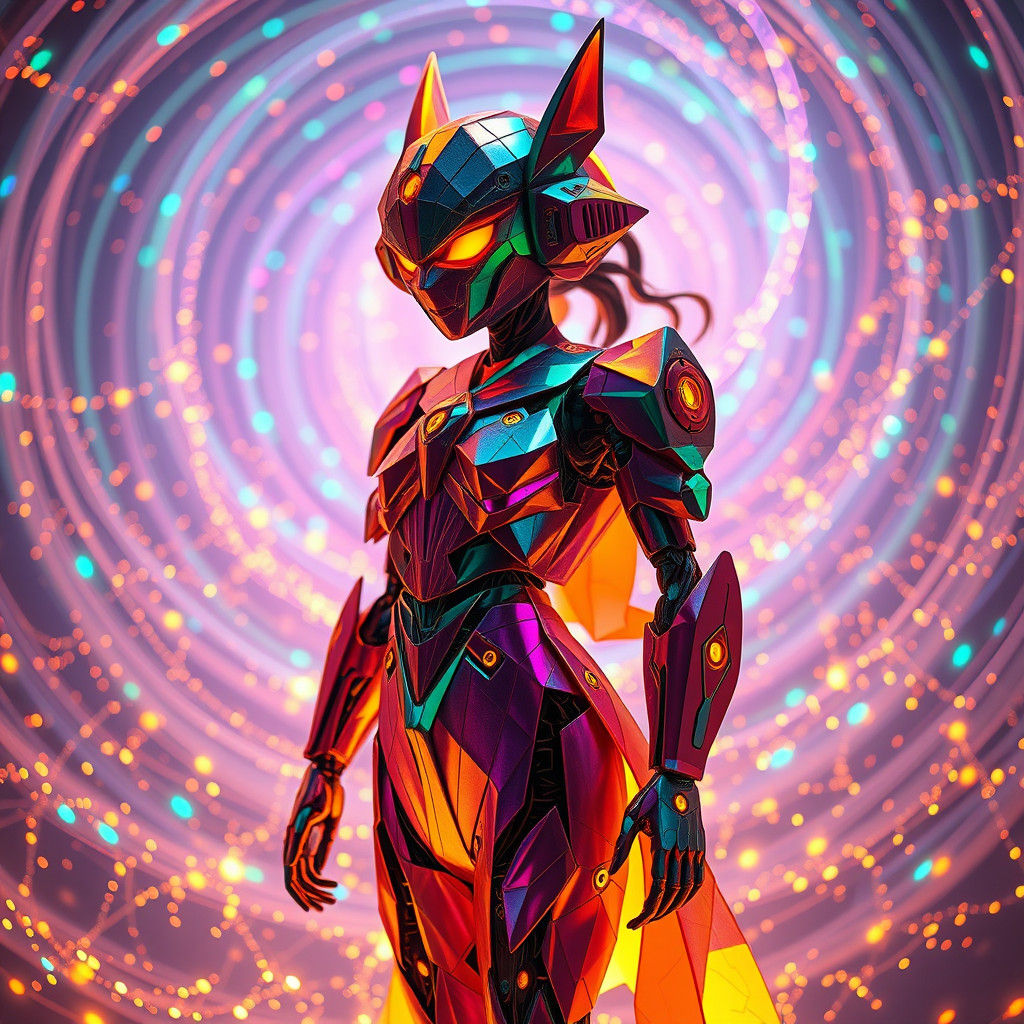 Iridescent Origami Mecha Girl in Data Stream