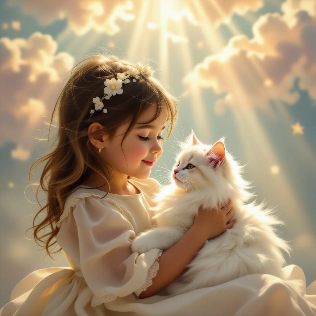 Girl Tenderly Holds Fluffy White Cat in Ethereal Sunlight